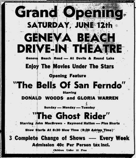 Geneva Beach Drive-In Theatre - Geneva Beach Grand Opening Ad 6-11-48 (newer photo)